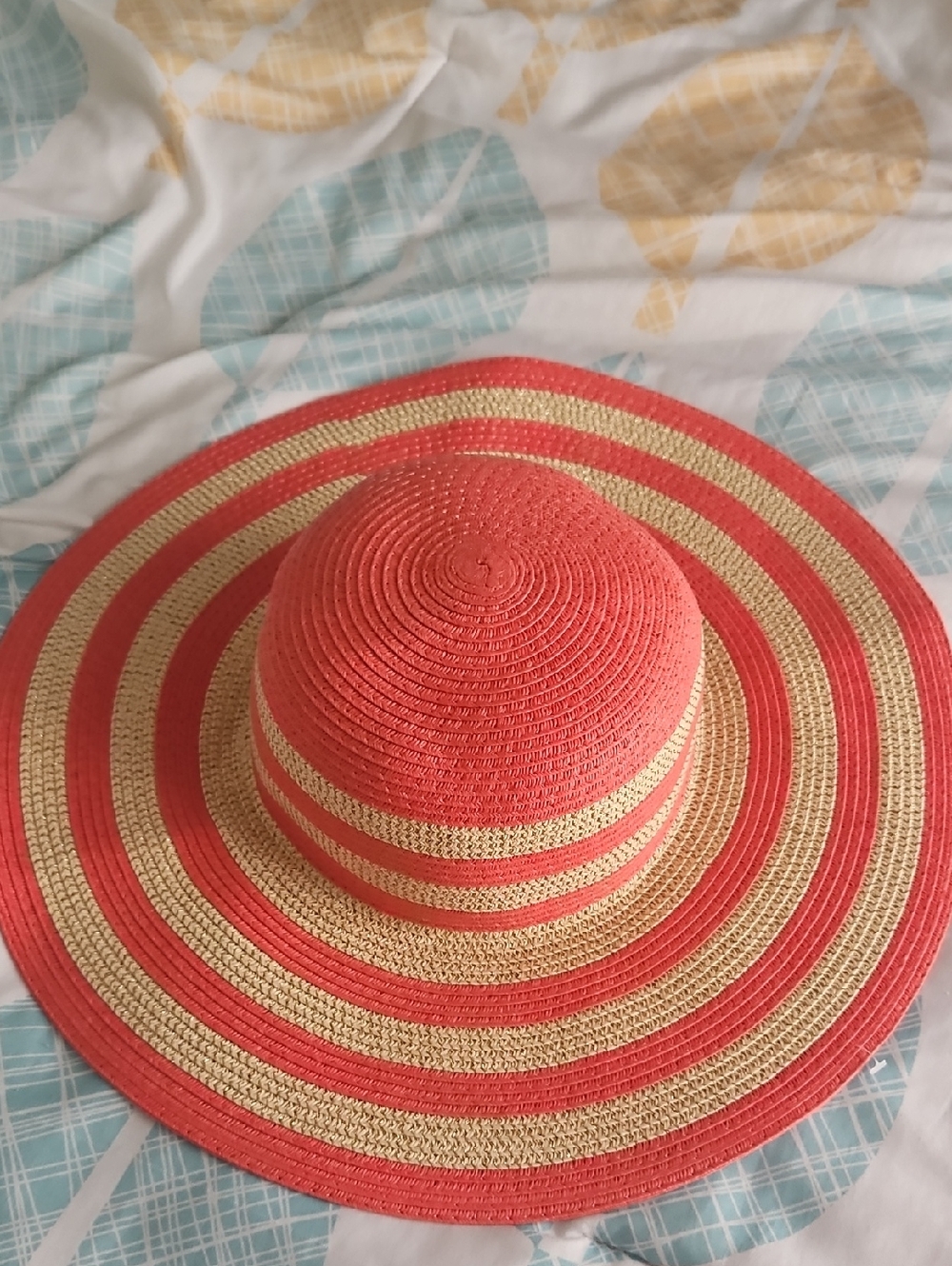 Wide Brim Straw Sun Hat in Coral and Natural